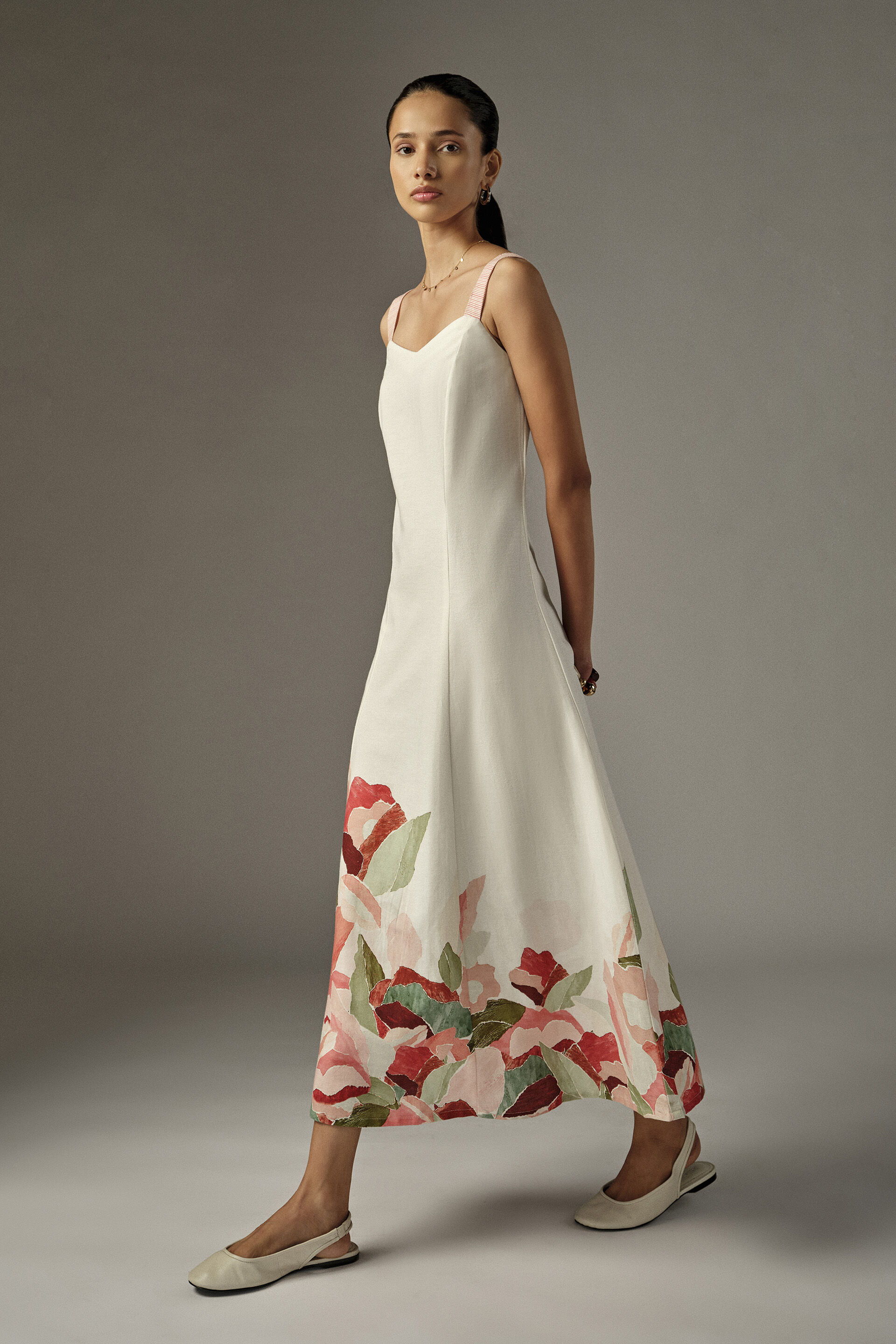 A-line Floral Midi Dress in White, White, image 5